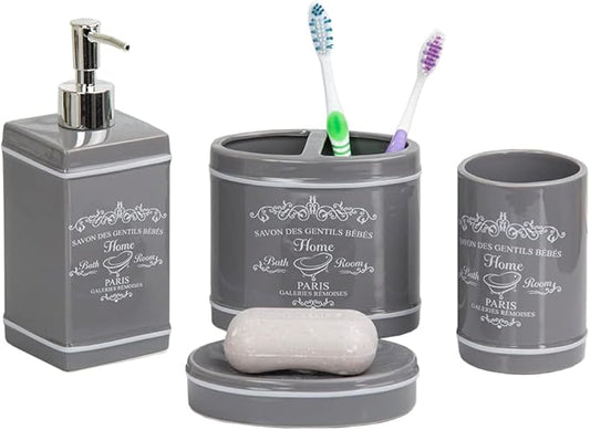 Paris Design 4-Piece Ceramic Bathroom Set, By Home Basics (Grey) | Chic Design Bathroom Accessory Sets | Accessories For Bathroom | Includes Soap Dish, Tumbler, Toothbrush Holder, and Lotion Dispenser