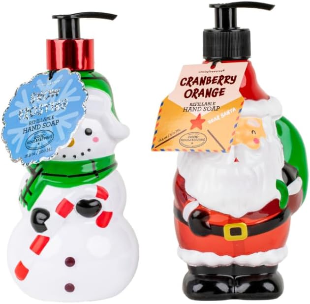 Simple Pleasures Snowman & Santa 2 Pack: Cranberry Orange Scented Decorative Refillable Soap Dispensers for Kitchen Countertops and Bathroom Sinks