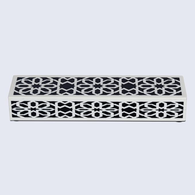 Handicrafts Home Decorative Storage Box with Lid– Black White Remote Control Holder, Slim Coffee Table Storage Box, Persian Rosette Lattice Organizer for Shelf & Desk– Geometric Shiraz 10 x 2.5 x 1.5