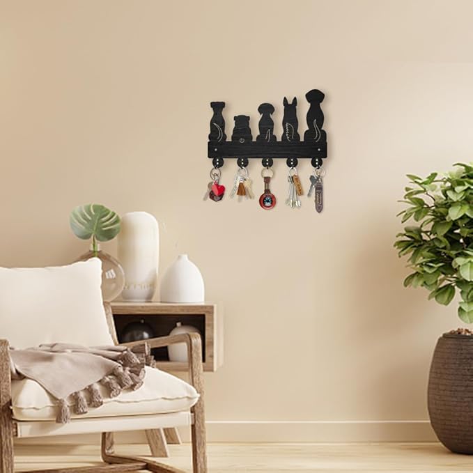 MAYJOYDIY Dog Coat Rack Wall Mount 11.87.9inch 5 Style Key Holder for Wall Decorative Wood Black Key Rack Hanger Organizer 5 Alloy Hooks for Leash Wall Art Decor Dog Lover Gift