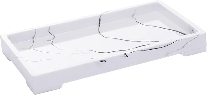 White Marble Pattern Vanity Tray, Resin Bathroom Tray for Counter, Toilet Tank Storage, Dresser Jewelry Organizer, Makeup Tray for Bathroom Bedroom, 10.5Ã5.9Ã1.1 Inches