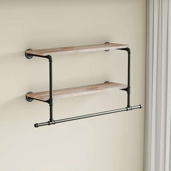 MAIKAILUN Industrial Pipe Clothes Rack with Wood Shelf, 42" Long Wall Mounted Clothing Rack with Hanging Rod for Laundry Room, Heavy Duty Pipe Shelves, Closet Storage, Retail Boutique Display