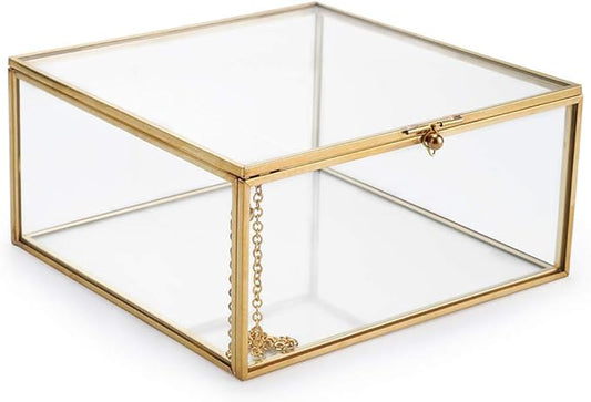 Hipiwe Vintage Glass Jewelry Organizer Box - Golden Metal Keepsake Box Desktop Jewelry Organizer Holder Wedding Birthday Gift Square Vanity Decorative Box for Dresser,6.3"x 6.3"x 3.35"