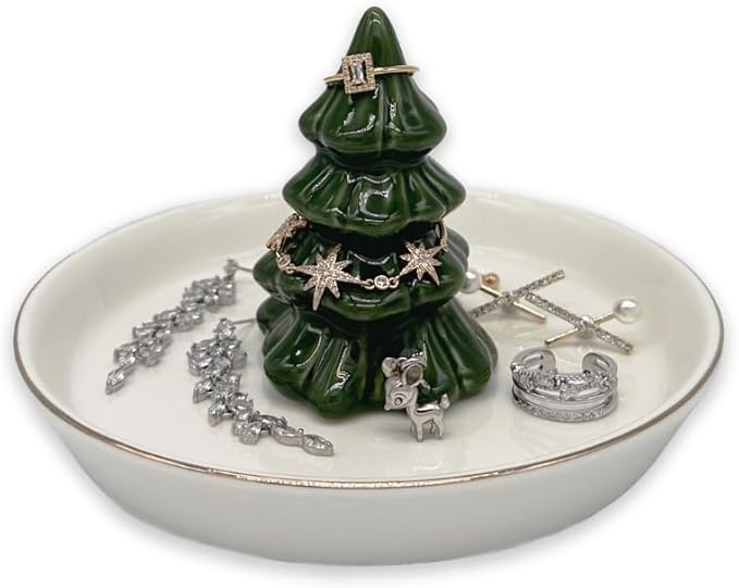 Forest Green Christmas Tree Ring Dish â Ceramic Jewelry Holder for Kitchen Sink or Vanity â Aesthetic Holiday Decor, Xmas Tree Trinket Tray, Birthday or Christmas Gifts for Women