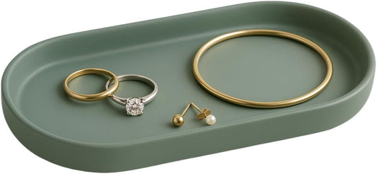 Ceramic Jewelry Tray â Oval Vanity Dish for Rings, Earrings, Bracelets â Minimalist Decorative Trinket Holder for Dresser, Bathroom, Nightstand â Matte Green