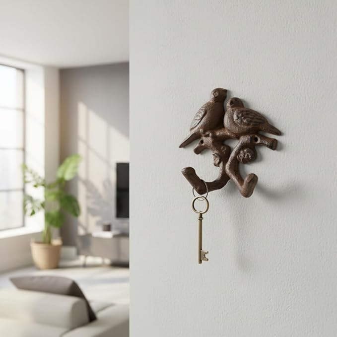 Comfy Hour 5.4" Heavy Duty Cast Iron Bird Wall Hook, Decorative Double Bird Key Holder for Wall, Rustic Animal Coat Rack for Entryway, Bathroom & Mudroom, Antique Brown Finish, 1 pc