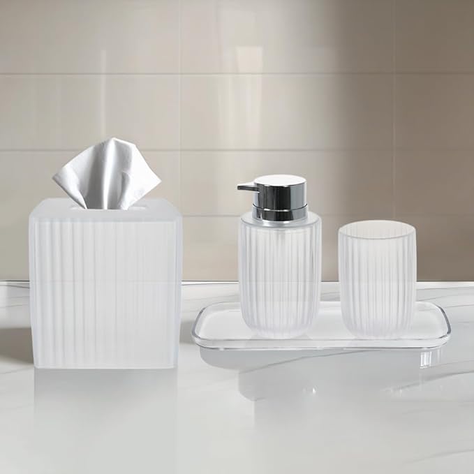 Decozen Bathroom Accessories - 4Pcs Bath Accessories for Home Decor Soap Dispenser, Lotion Dispenser, Tissue Box & Tray for Bath Decor Countertop Organizer - Christmas Decorations, Housewarming Gift