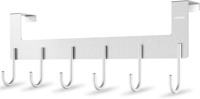 Over The Door Hanger, Metal Over The Door Hook Rack with 6 Hook for Hanging Towel Robe Coat Bathroom Bedroom Drying Racks for Laundry Silver