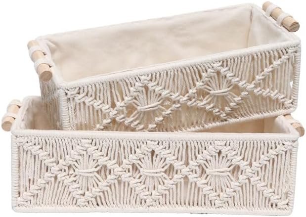 Macrame Storage Basket Boho Decor Baskets for Organizing Woven Decorative Basket for Countertop Toilet Paper Basket for Toilet Tank Top Shelf Basket with Handle for Bathroom Decor Nursery