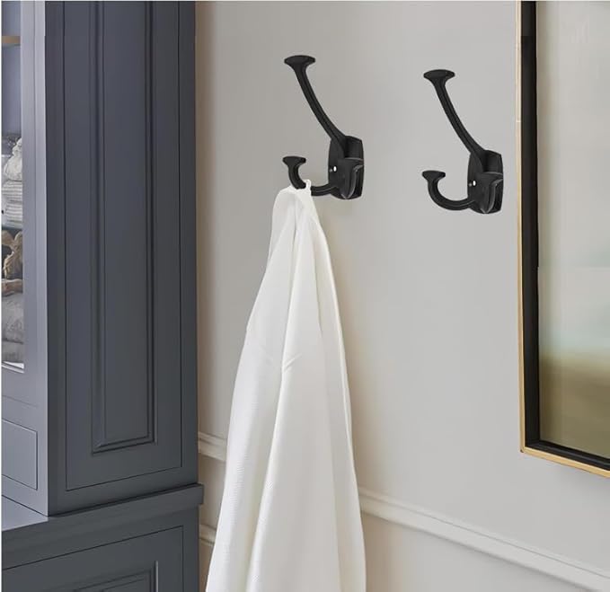 Matte Black Hooks Large Wall Mounted Decorative Solid Heavy-Duty Double-Sided Coat Hooks for Hanging Towels Coats Robes Towels Bag Bathroom Wall Hooks (2 Pack)