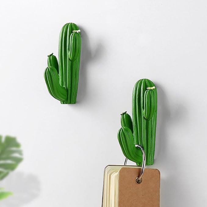 Amosfun 2-Pack Self-Adhesive Cactus Wall Hooks 3.15 X 1.77 X 1.38 Inches Creative Green Plastic Wall-Mounted Storage Hooks for Home Entryway Bathroom Decoration