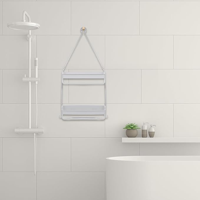 HEALLILY Shower Head Hanging Storage Basket Gray Double Layer Bathroom Caddy Toiletries Holder Portable Sundries Organizer for Bathroom Storage