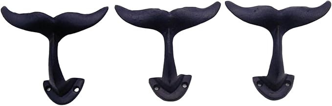 Wowser Navy Blue Whale Tail Cast Iron Wall Hooks, Wall Mounted for Hanging Clothes & Accessories, Nautical Home & Office Decor, Set of 3, 4.75 Inches High