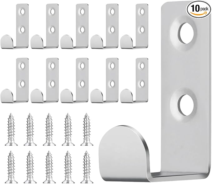 10 PCS Stainless Steel L Shaped Coat Hooks Wall Mounted Single Metal Robe Hook for Hanging Towel, Utility Hooks for Bags, Hat, Cap, Scarf, Cup. Silver.