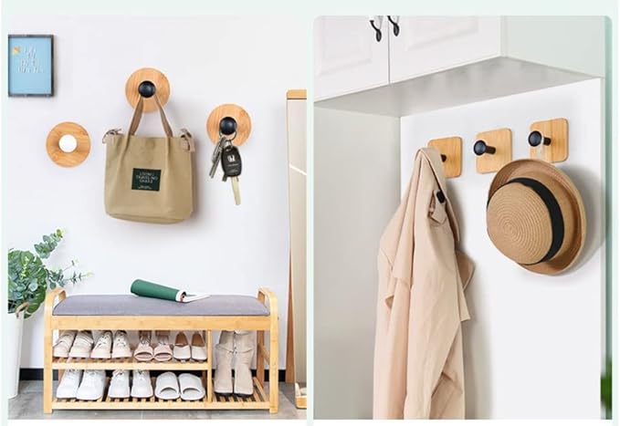 4pack Decorative Wood Wall Hook Coat Hooks for Hanging Adhesive Waterproof Wall Hook Clothes Bag Key Hanger Hook Bedroom Kitchen Bathroom Door Robe Towel Hooks-White