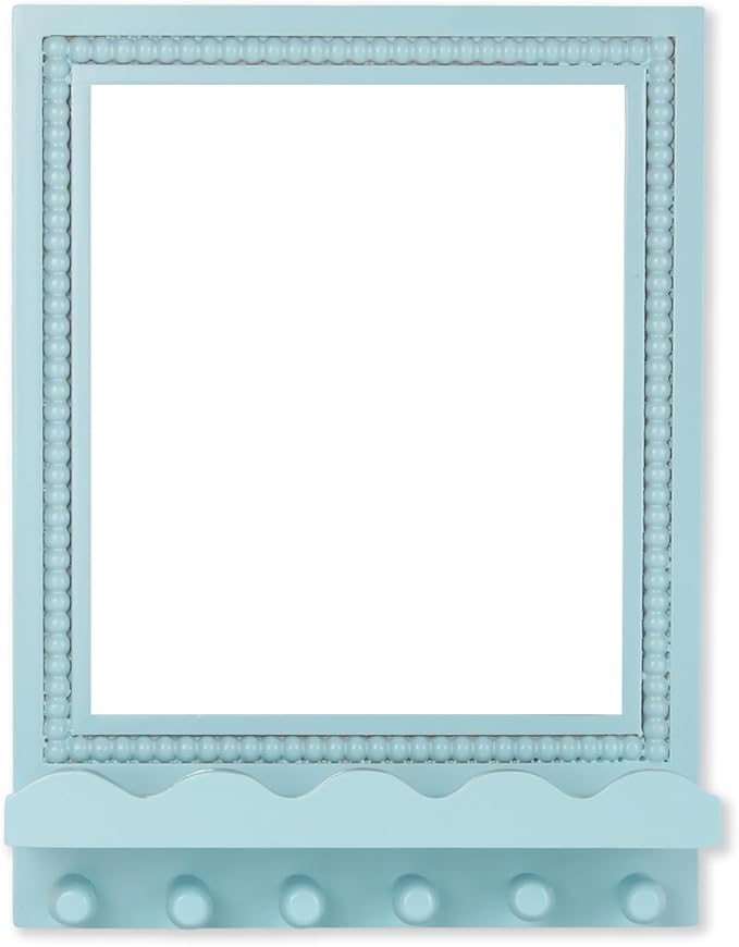 Tirzah 16x12 Inch Wall Mount Beaded Wood Framed Mirror with Shelf and 6 Hooks, Blue Decorative Entryway Mirror with Storage for Laundry Room, Bathroom, Bedroom