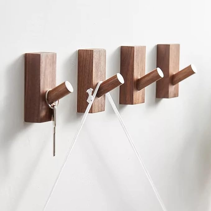 HomeDo 8Pack Adhesive Wall Hooks Hat Rack, Wooden Coat Hooks Wall Mounted, Decorative Hooks Single Organizer Hat Hanger Towel Rack, Heavy Duty Hooks (Rectangle-Walunt,8Pack)