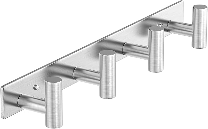 HUFEEOH T-Shaped Stainless Steel Coat Rack Wall Mount - 4 Heavy Duty Hooks for Bathroom, Mudroom Entryway, Durable Purse Hanger & Towel Rack