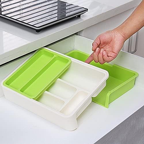HornTide 3-in-1 Cutlery Tray, Expandable Utensils Holder, Plastic Kitchen Drawer Organizer for Silverware Storage and More - Green