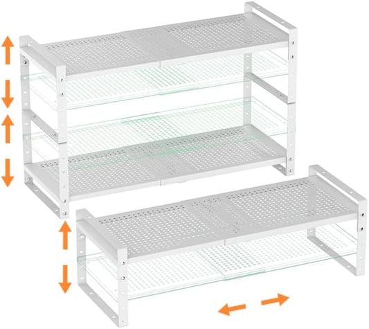 Multi-Functional Metal Shoe Rack,Expandable Adjustable Stackable Kitchen Organizer,Metal Shelf risers for cabinets, Kitchens and Closet, Bathroom(3Packs/White/Medium)