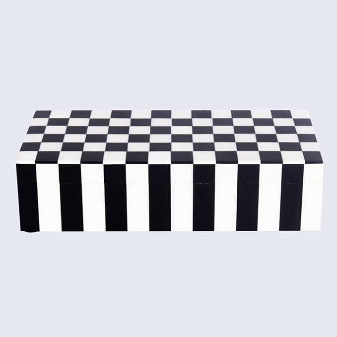 Handicrafts Home Decorative Storage Box with Lid – Black and White Box for Remote Controls, Coffee Table Storage Organizer, Keepsake Decorative Box for Shelf & Hallway Decor – Puzzle Check 10x4.5x2.5