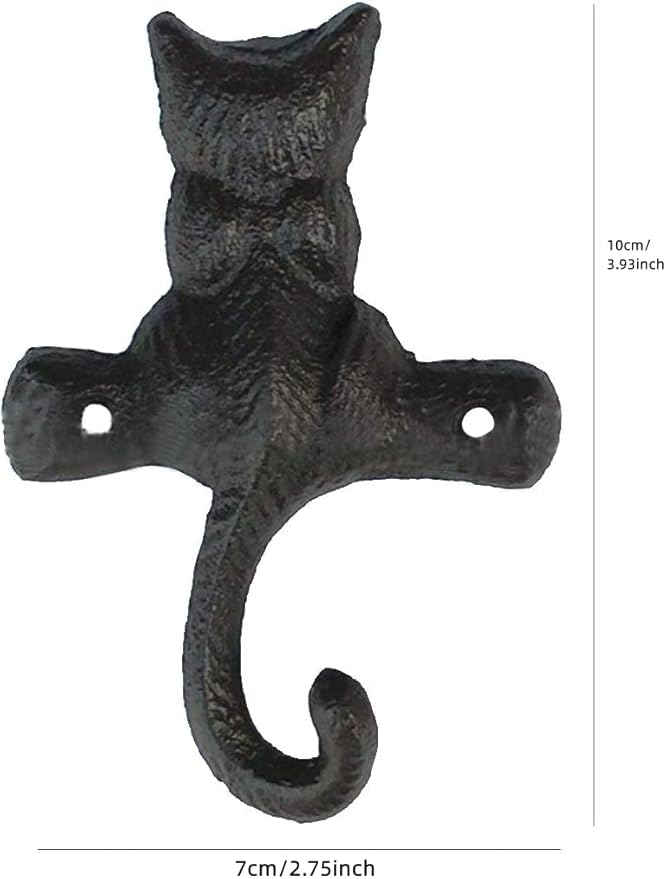 DPOWERFUL Vintage Cat Design Cast Iron Wall Hooks - Rustic Metal Coat, Hat & Towel Hangers, Decorative Key Holder for Entryway, Farmhouse Decor with Mounting Hardware, 3 Pack