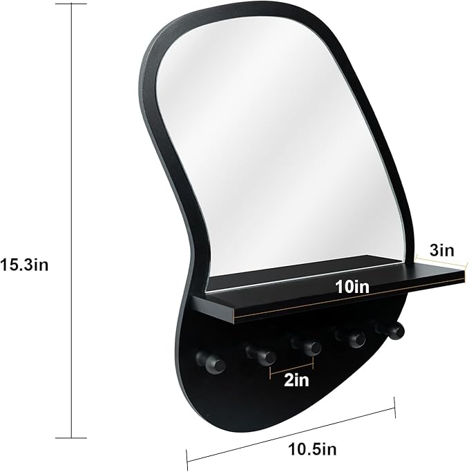 SANY DAYO HOME Wall Mount Wood Frame Irregular Mirror with 5 Wooden Hooks and Shelf, Modern Decorative Hanging Mirror for Entryway, Bedroom, Living Room (16″ x 12″, Black)