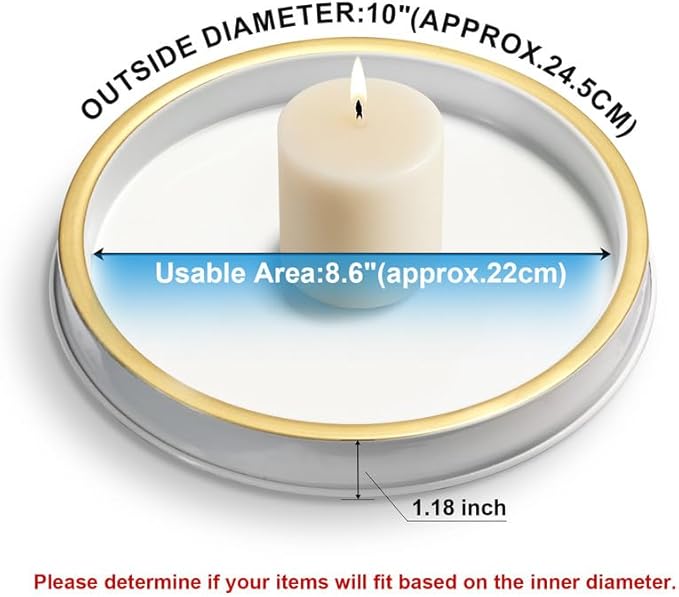 10" Small Gold and White Tray, Lightweight Metal Round Vanity Tray for Bathroom, Candle Holder for Living Room Decor