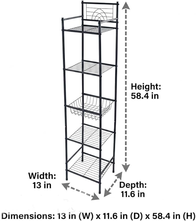 Bath Bliss 5 Tier Freestanding Bathroom Storage Shelf, Black Metal Organizer Rack | Rust Resistant Space Saving Bathroom Stand | Toilet Paper Towel Holder | Bathroom Organizer for Small Spaces
