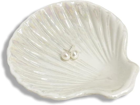 Ring Dish Shell Shape Ceramic Jewelry Dish Tray, Decorative Trinket Dish Organizing Rings Earrings Necklaces Keys for Mom Friend Sister, 3.9", White Iridescent Surface