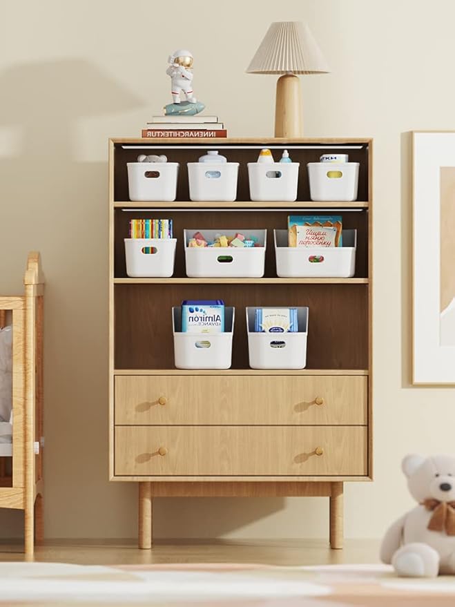 White Plastic Bins/Storage Organizers - Pantry Baskets, Bins for Shelves, Organizer and Storage for Bathroom, Bedrooms, Kitchens and More - Medium Size (1 Pack)