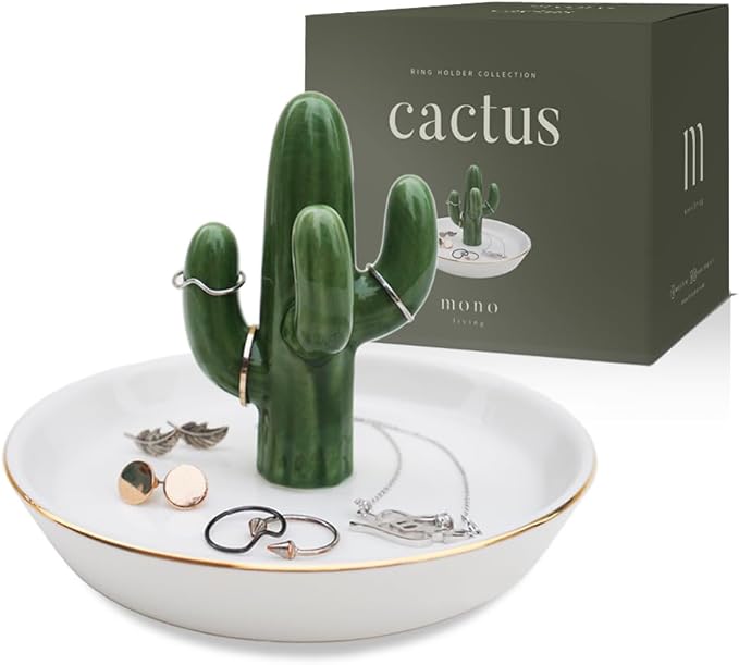 Cactus Jewelry Holder and Ring Dish - Ceramic Succulent Decor for Kitchen Sink or Vanity - Cute Engagement, Birthday, or Motherâs Day Gifts for Women, Gold-Rimmed Trinket Tray