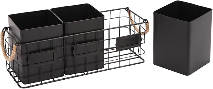 NIKKY HOME Farmhouse 3 Compartment Flatware Cutlery Caddy Countertop Silverware Holder for Spoons, Knives, Forks - Black