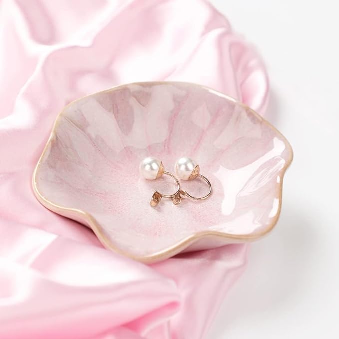 Ceramic Jewelry Dish, Jewelry Tray Key Tray,Small Ring Dish Holder Jewelry Plate Trinket Dish Catchall Tray Nightstand Decor For Table Room Decor SM (4.3 Inches, White + Pink)