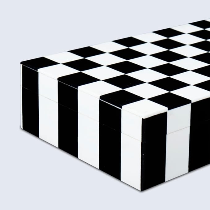 Handicrafts Home Decorative Storage Box with Lid – Black and White Decorative Remote Holder Box, Coffee Table Storage Box for Living Room, Console Table & Shelf Decor – Puzzle Check 10 x 6 x 2.5