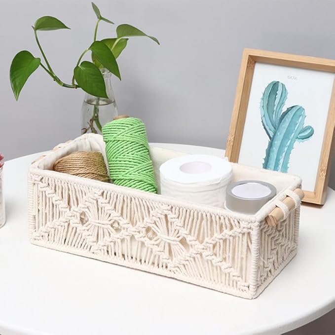 Macrame Storage Basket Boho Decor Baskets for Organizing Woven Decorative Basket for Countertop Toilet Paper Basket for Toilet Tank Top Shelf Basket with Handle for Bathroom Decor Nursery