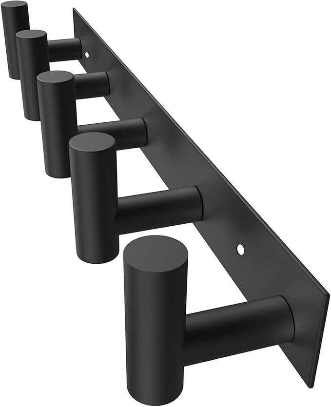 HUFEEOH Coat Hooks Wall Mount, Black T Shaped 5 Hooks Stainless Steel Wall Hooks Towel Rack for Hanging, Heavy Duty Key Holder Hat Rack Used for Bathroom Mudroom Entryway