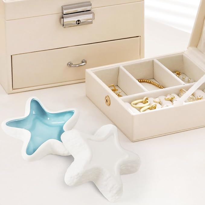 Starfish Jewelry Dish Tray Blue Ceramic Jewelry Holder Ring Dish Ocean Style Trinket Tray for Rings Earrings Necklaces Bracelet Jewelry Keys Table Decoration Supplies