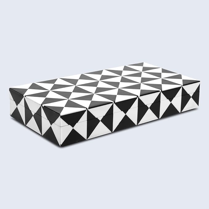 Handicrafts Home Large Decorative Storage Box with Lid – Black and White Coffee Table Storage Box, Remote Control Holder, Keepsake Storage Box for Living Room & Shelf Decor – Trianlge 12 x 6 x 2