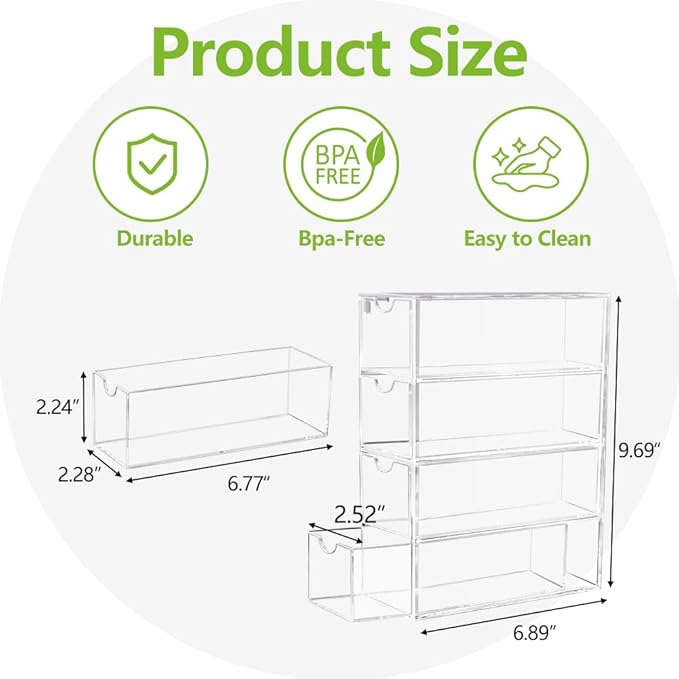 2 Pack Drink Packet Organizer, Acrylic Drink Mix Holder with 4 Clear Drawers Water Flavor Packets Container for Kitchen Pantry Home Organization (2 Pack)