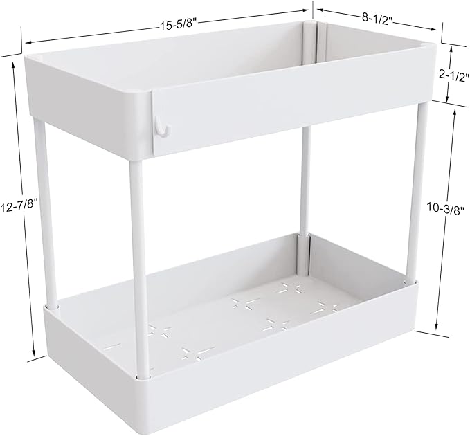 Under Sink Organizer, Under Bathroom Sink Storage 2 Tier Organizer Bath Collection Baskets with Hooks, Under Sink Shelf Organizer Rack, Multi-purpose Under Sink Storage for Bathroom Kitch(Color:White)