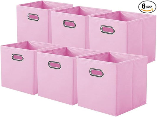 ShellKingdom Storage Bins, Foldable Fabric Storage Cubes And Cloth Storage Organizer Drawer with Metal Handle For Closet And Toys Storage, 11 X 10.5 X 10.5 INCH, 6 Pack (Pink)