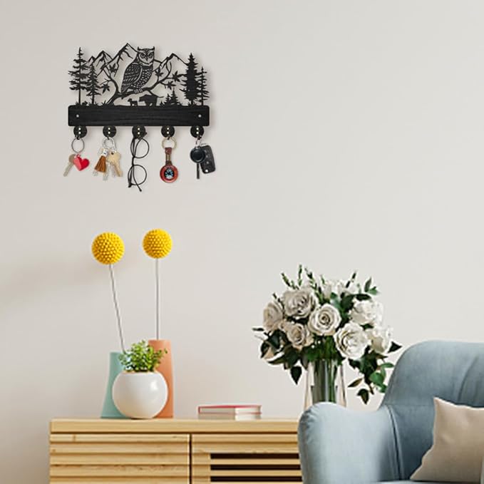 MAYJOYDIY Owl Mountain Forest Coat Rack 11.8×7.9inch Wood Bear Family Key Holder for Wall Autumn Forest Animal Wall Key Hooks Hanger 5 Alloy Hooks Key Rack for Home Art Decor Entryway Gift