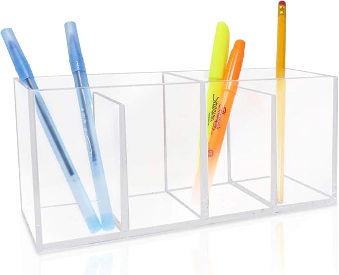 Isaac Jacobs 4-Compartment Clear Acrylic Organizer- Makeup Brush Holder- Storage Solution- Office, Bathroom, Kitchen Supplies and More (Clear)