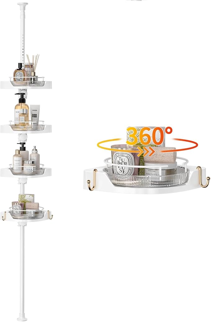 Shower Caddy Tension Pole with 4 L-Lazy Susan Organizer 360 Rotating 35-128 Inch No Drilling Floor Standing Shelves Adjustable Shower Rack for Bathroom Corner (White)