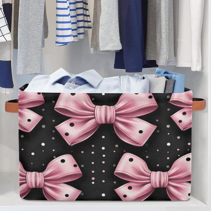 Storage Bins for Organization, Pink Bows Canvas Book Storage Bins with Handles, Bedroom Shelves Decorative Baskets for Organizing, Fabric Cube Bin Classroom Dorm Closet Organizer Box
