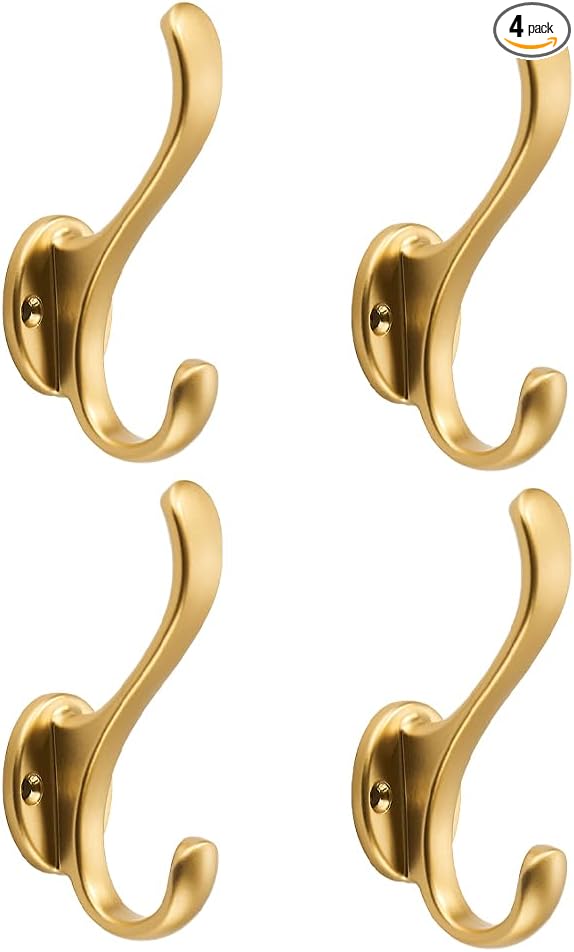 khtumeware 4 Pack Brushed Gold Coat Hooks Wall Mount Heavy Duty Utility Retro Double Hooks for Hanging Coats,Hat, Towel, Key, Robe, Scarf, Bag, Cap (Brushed Gold)