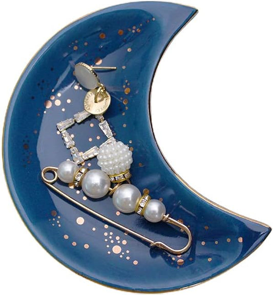 Soddeph Small Moon Ceramic Jewelry Tray, Decorative Trinket Dish, Ring Holder Plate, Modern Accent Tray for Bathroom, Nightstand, Entryway Table, Vanity (1, Blue)