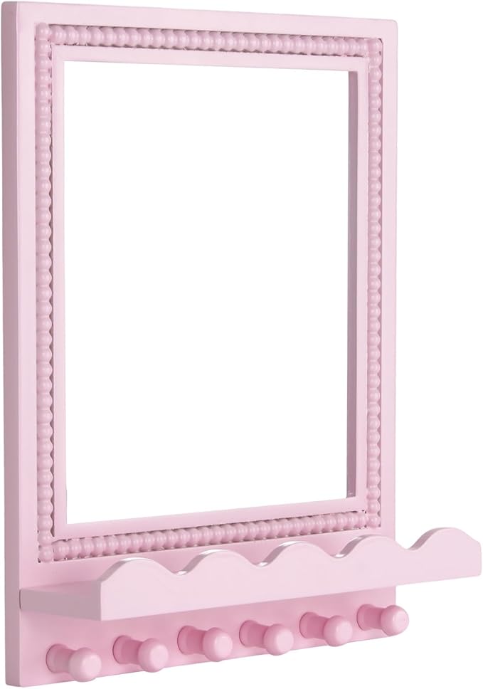 Tirzah 16x12 Inch Wall Mount Beaded Wood Framed Mirror with Shelf and 6 Hooks, Pink Decorative Entryway Mirror with Storage for Laundry Room, Bathroom, Bedroom