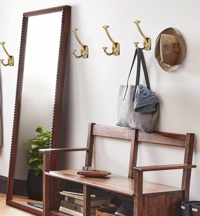 Brushed Brass Hooks Large Wall Mounted Decorative Solid Heavy-Duty Double-Sided Coat Hooks for Hanging Towels Coats Robes Towels Bag Bathroom Wall Hooks (10 Pack)